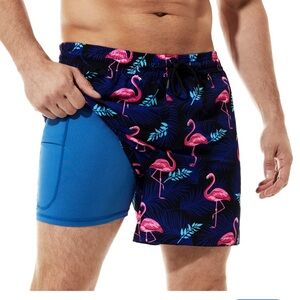 Brisira men’s Pink and Blue‎ athletic  Shorts Flamingo Fun large